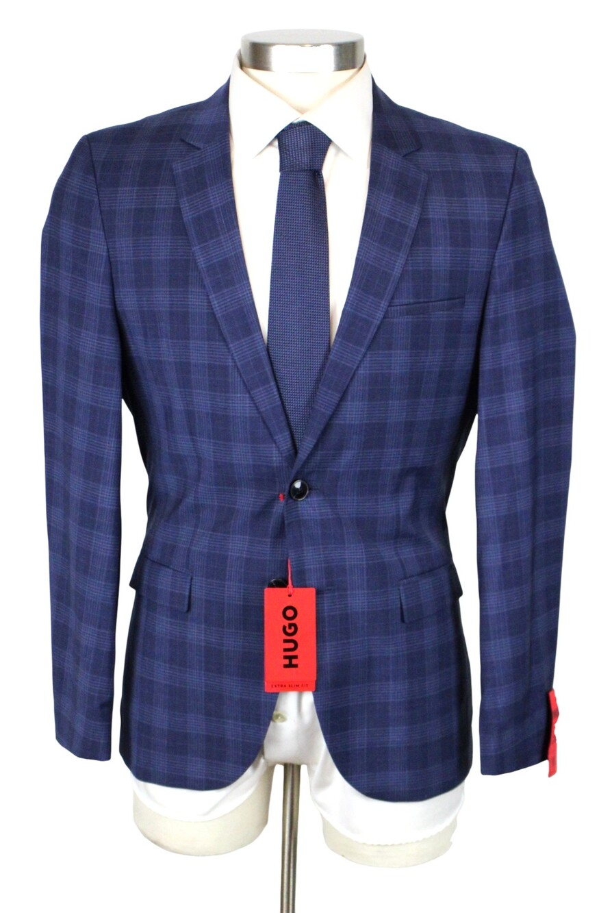 Hugo Sport Coat 38 R Mens Blue Plaid Extra Slim Fit Arti232X Super Flex Wool